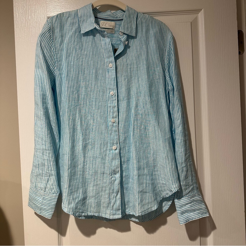 NWT JCrew Baird McNutt Irish linen turquoise stripe shirt